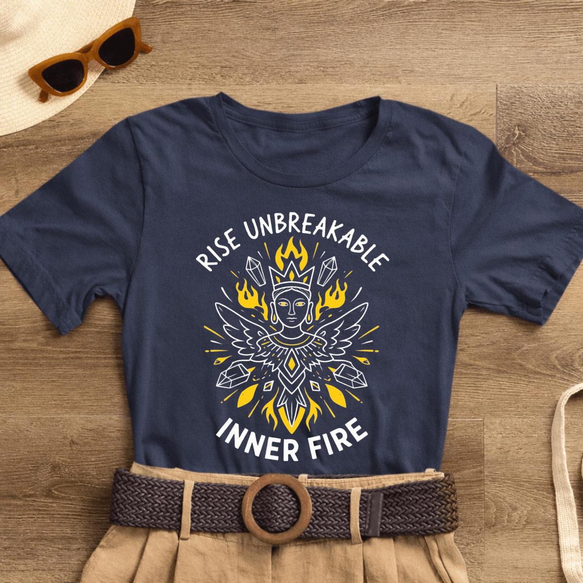 Rise Unbreakable Inner Fire T-Shirt by Printify featuring a divine feminine goddess design, showcasing vibrant print on soft fabric.