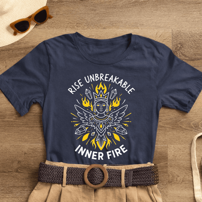 Rise Unbreakable Inner Fire T-Shirt by Printify featuring a divine feminine goddess design, showcasing vibrant print on soft fabric.