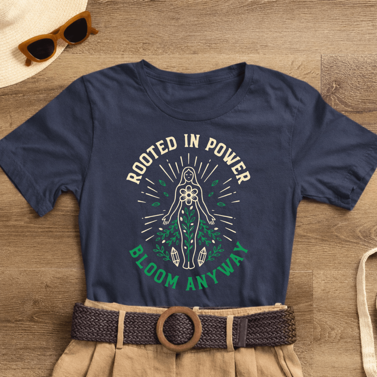 Rooted in Power Divine Feminine Goddess T-Shirt with spiritual affirmation design, featuring a comfortable branded tee.