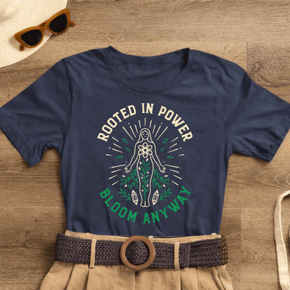 Rooted in Power Divine Feminine Goddess T-Shirt with spiritual affirmation design, featuring a comfortable branded tee.