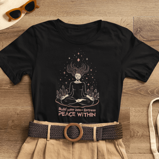 Build Your Inner Fortress T-Shirt by Printify featuring peaceful meditation and sacred aura protection design.