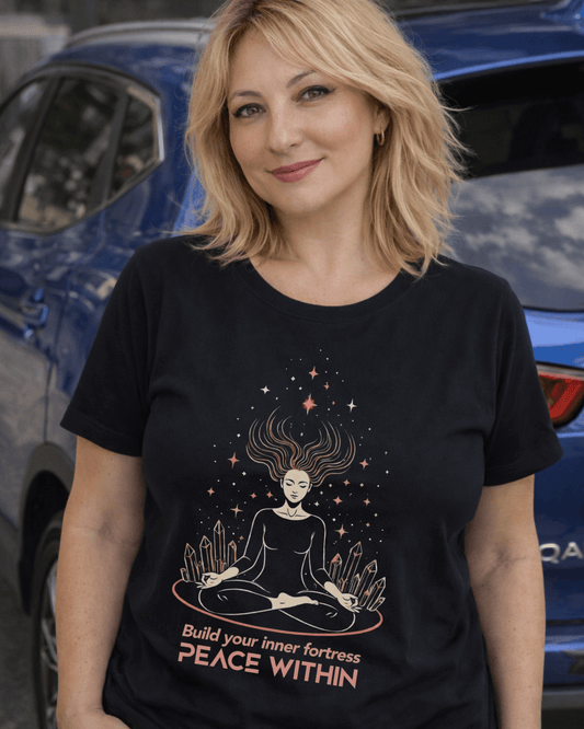 Build Your Inner Fortress T-Shirt by Printify featuring peaceful meditation design and sacred aura protection imagery.