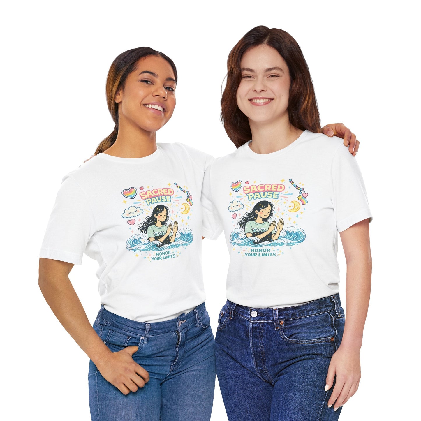Sacred Pause Honor Your Limits T-Shirt by Printify featuring a cute design promoting self-care and mental health awareness.
