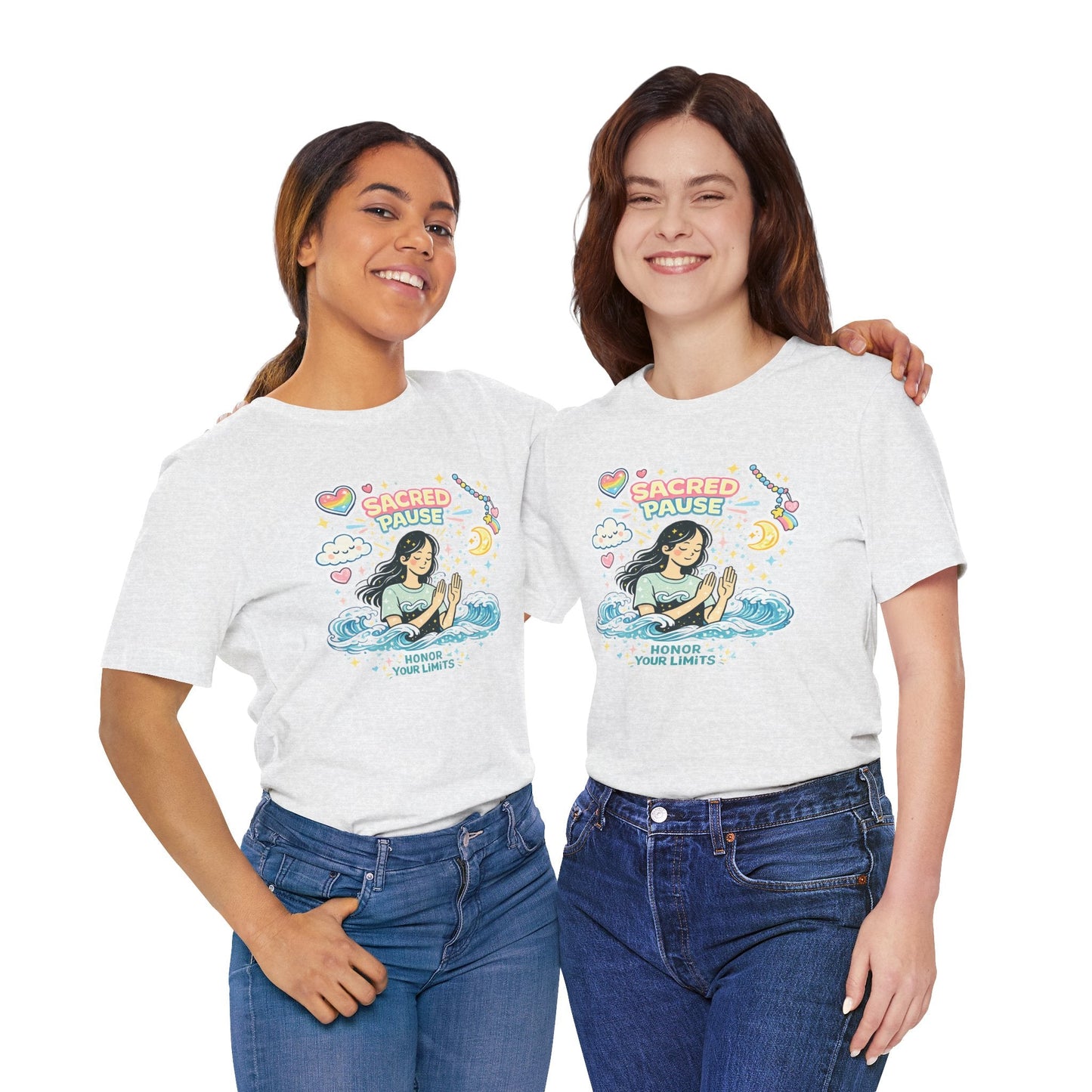 Sacred Pause Honor Your Limits T-Shirt by Printify featuring a cute self-care design for mental health awareness.