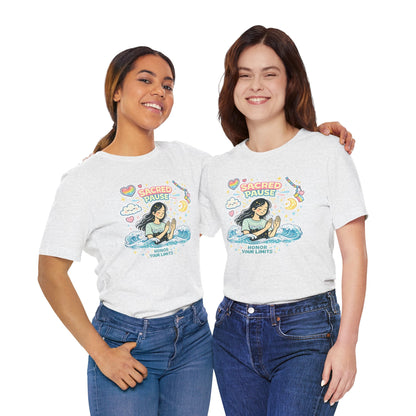 Sacred Pause Honor Your Limits T-Shirt by Printify featuring a cute self-care design for mental health awareness.