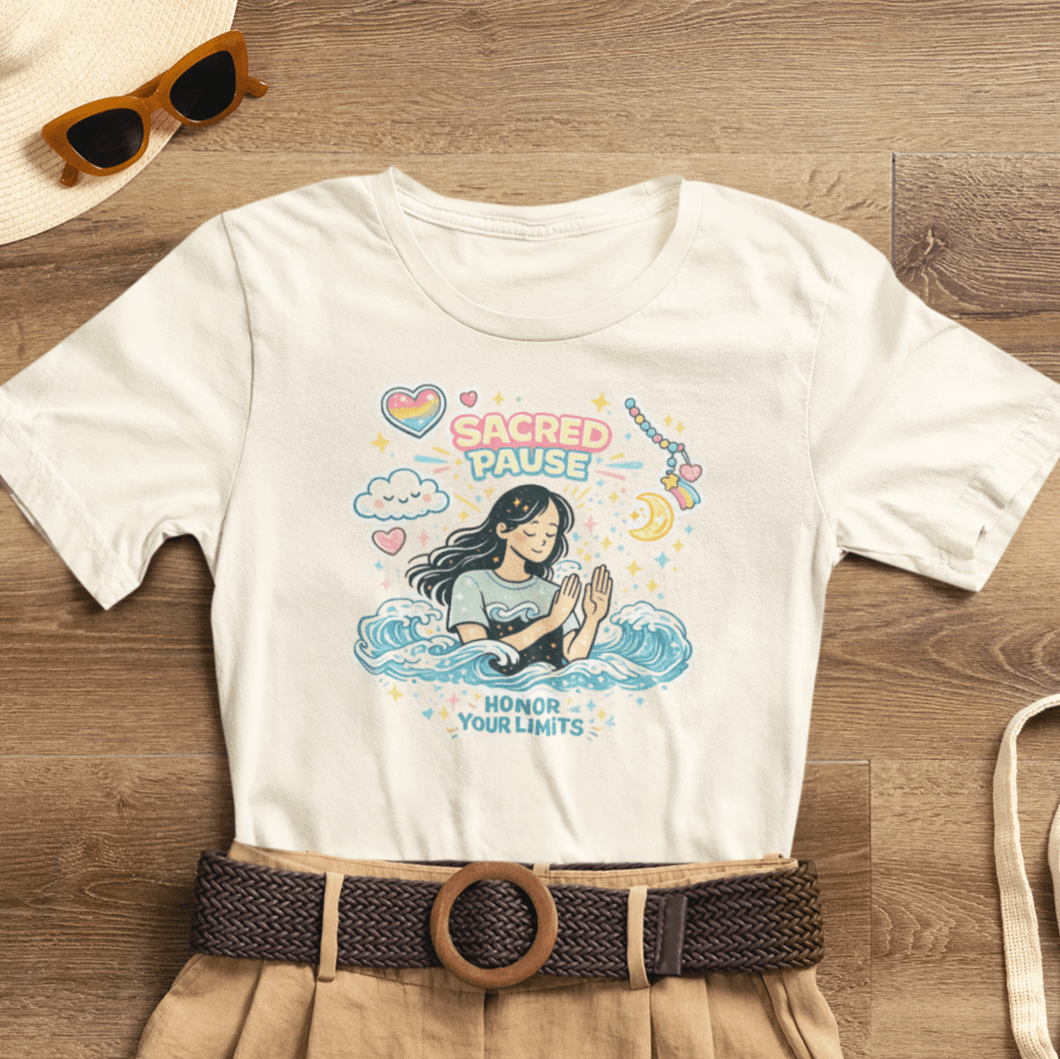 Sacred Pause Honor Your Limits T-Shirt by Printify featuring a cute self-care design for mental health awareness.