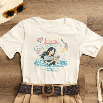 Sacred Pause Honor Your Limits T-Shirt by Printify featuring a cute self-care design for mental health awareness.