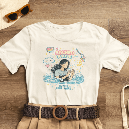 Sacred Pause Honor Your Limits T-Shirt by Printify featuring a cute self-care design for mental health awareness.