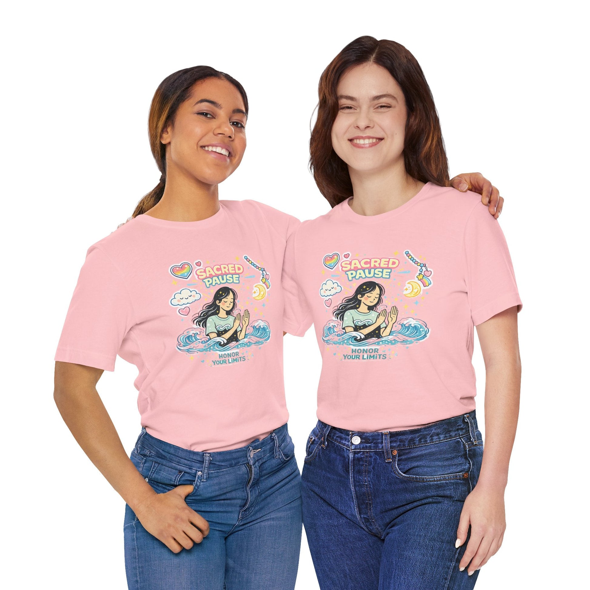 Sacred Pause Honor Your Limits T-Shirt by Printify featuring a cute design promoting self-care and mental health awareness.