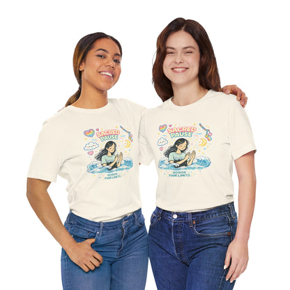 Sacred Pause Honor Your Limits T-Shirt by Printify, featuring a cute self-care design for mental health awareness.