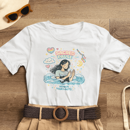 Light blue t-shirt featuring "Honor Your Limits" text, perfect for self-care and mental health awareness.