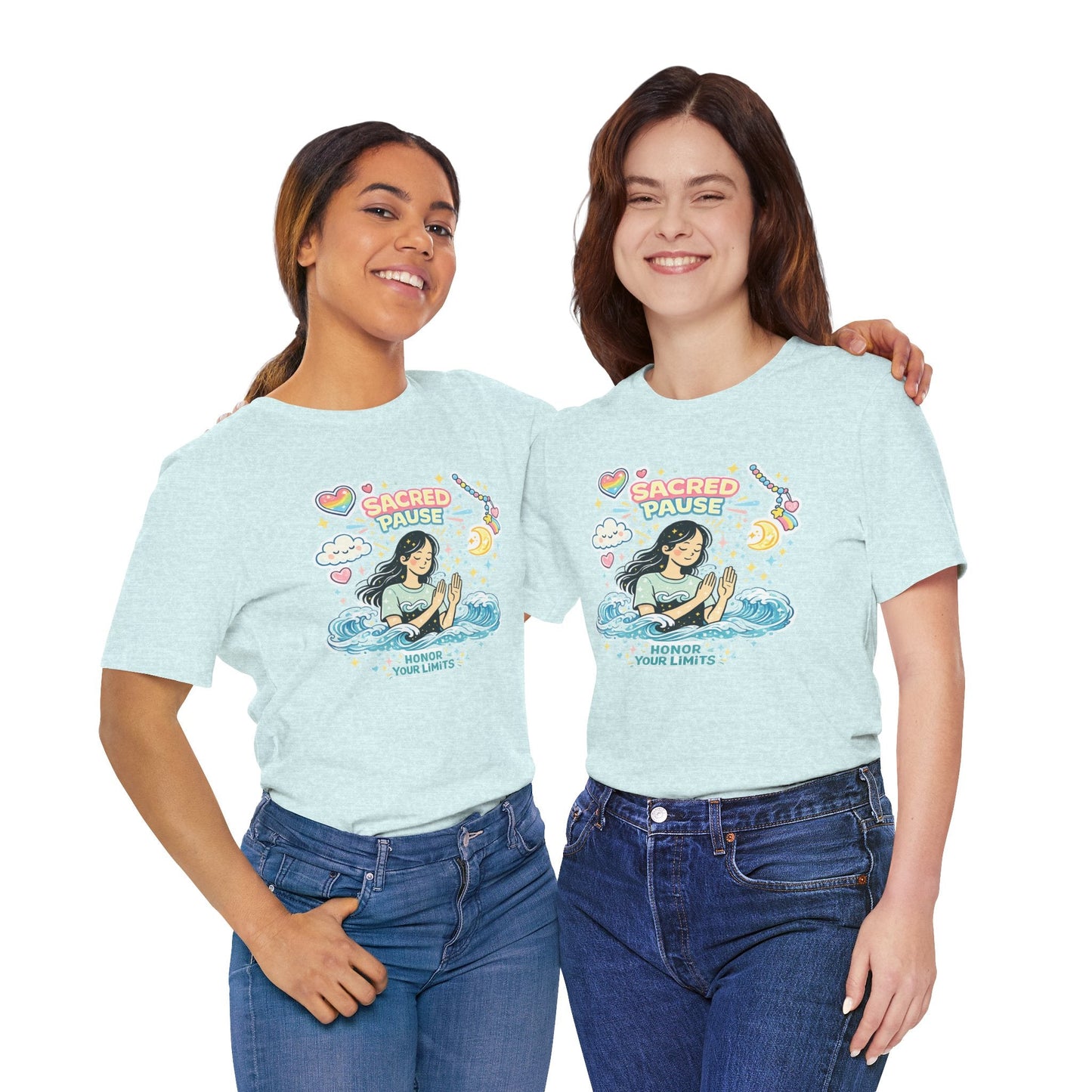 Light blue T-shirt featuring "Honor Your Limits" text, promoting self-care and mental health awareness by Printify.