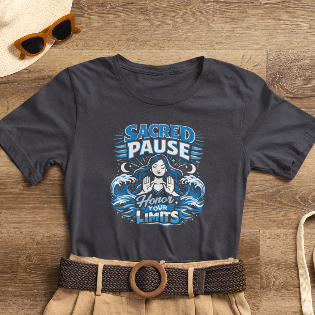 Sacred Pause Honor Your Limits T-Shirt by Printify featuring a self-care message for mental health awareness.