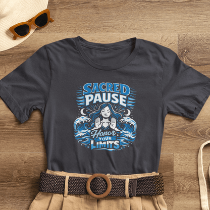 Sacred Pause Honor Your Limits T-Shirt by Printify featuring a self-care message for mental health awareness.