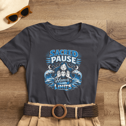 Sacred Pause Honor Your Limits T-Shirt by Printify featuring a self-care message for mental health awareness.