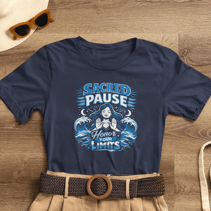 Sacred Pause Honor Your Limits T-Shirt by Printify, featuring a message promoting self-care and mental health awareness.
