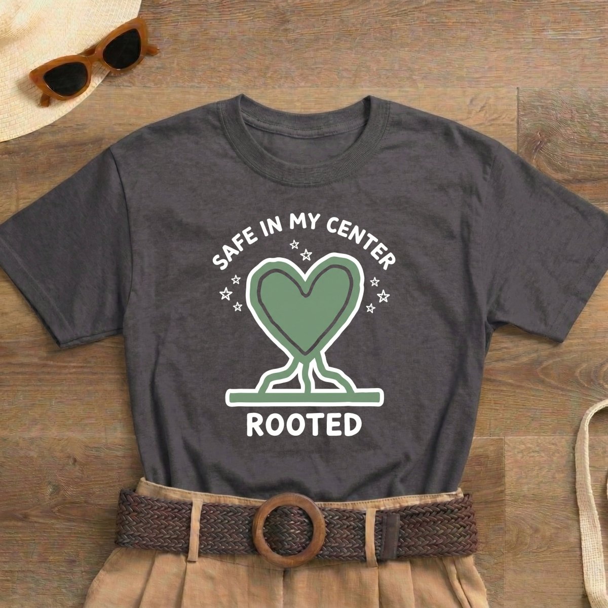 Safe in My Center Rooted Shirt | Classic Heavy Cotton Tee | Mental Health Tee - Spirit Stitch. Gift for International Self-Care Day.