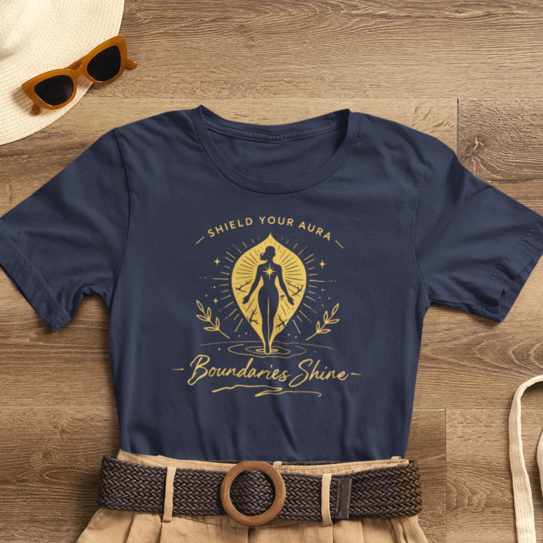 Shield Your Aura T-Shirt from Printify featuring a spiritual empowerment design, showcasing a bold boundary-shining graphic.