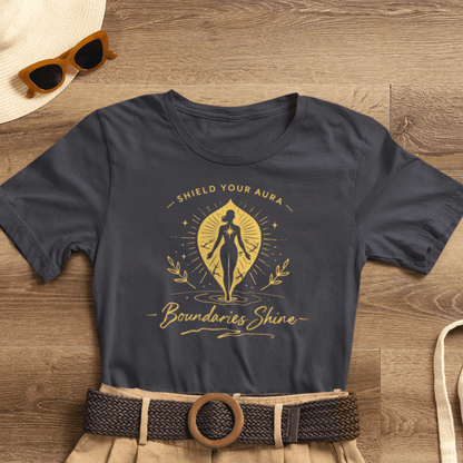 Shield Your Aura T-Shirt by Printify featuring a spiritual empowerment design promoting boundaries and inner shine.