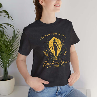 Shield Your Aura T-Shirt by Printify featuring a design that promotes boundaries and spiritual empowerment.