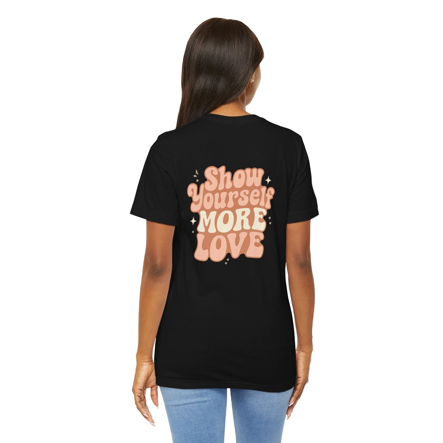 Printify self-care affirmation T-shirt with retro style, showing a comfortable fit and positive message in bold lettering.