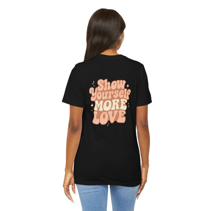 Printify self-care affirmation T-shirt with retro style, showing a comfortable fit and positive message in bold lettering.