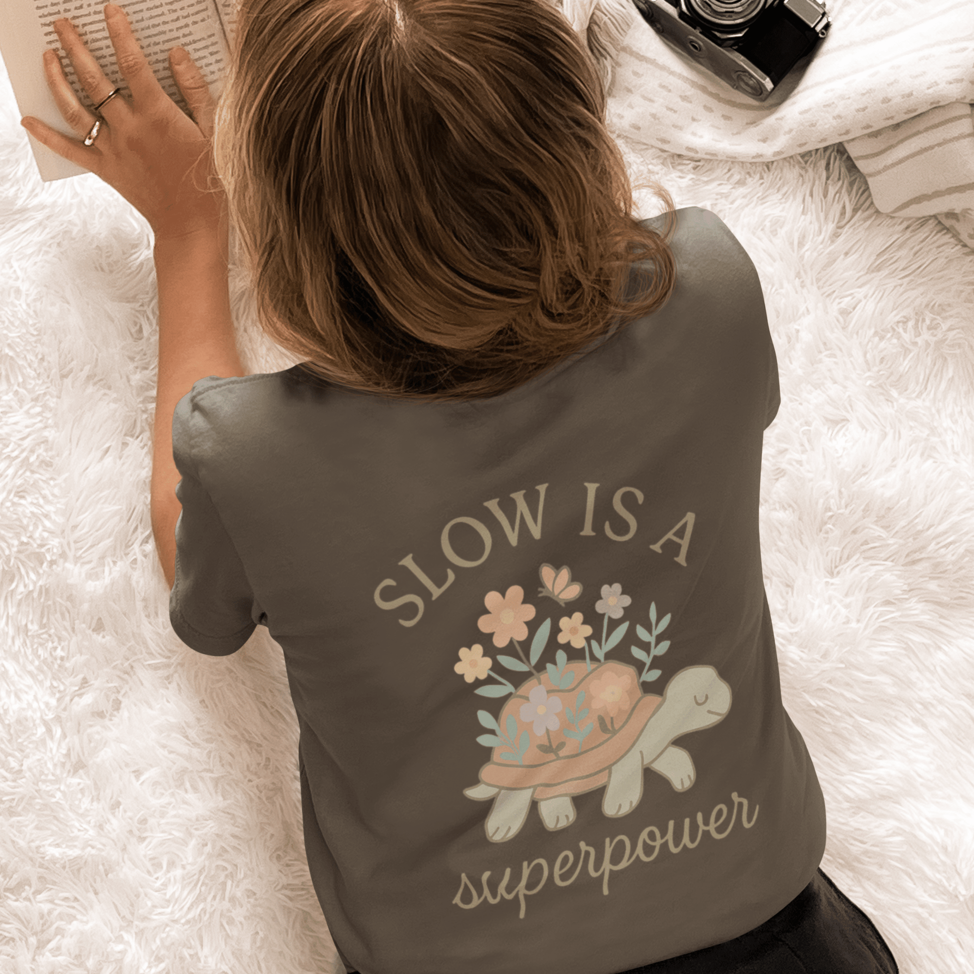 Slow is a Superpower Turtle T-Shirt – Whimsical Front & Back Floral Graphic Tee - Spirit Stitch