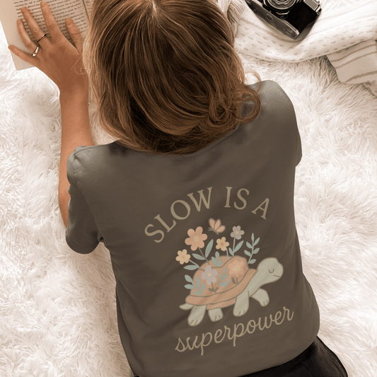 Slow is a Superpower Turtle T-Shirt – Whimsical Front & Back Floral Graphic Tee - Spirit Stitch