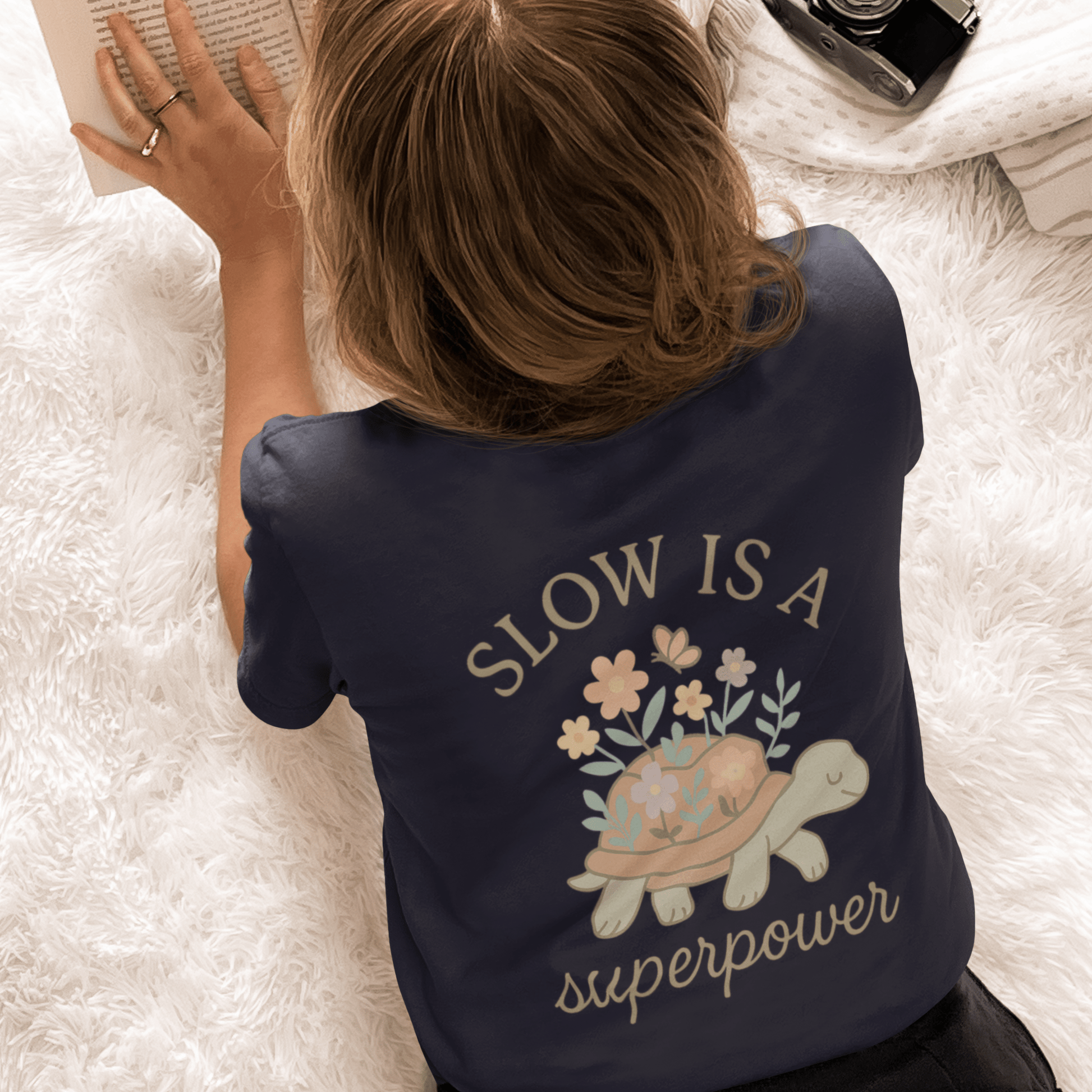 Slow is a Superpower Turtle T-Shirt – Whimsical Front & Back Floral Graphic Tee - Spirit Stitch