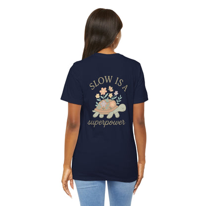 Slow is a Superpower Turtle T-Shirt – Whimsical Front & Back Floral Graphic Tee - Spirit Stitch