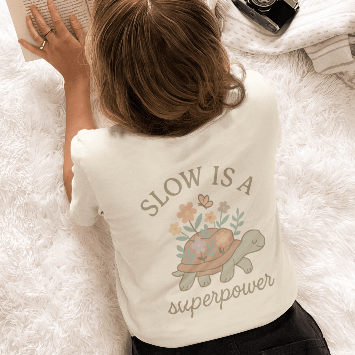 Slow is a Superpower Turtle T-Shirt – Whimsical Front & Back Floral Graphic Tee - Spirit Stitch