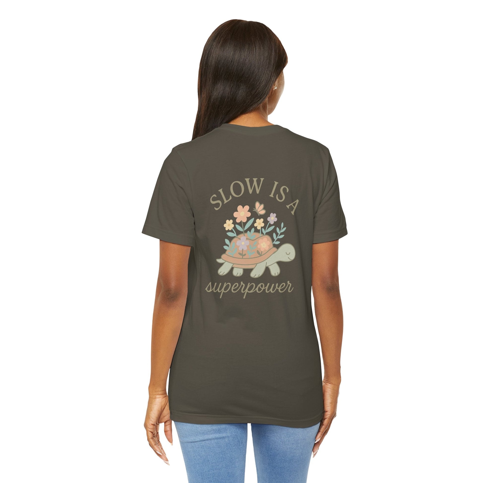Slow is a Superpower Turtle T-Shirt – Whimsical Front & Back Floral Graphic Tee - Spirit Stitch