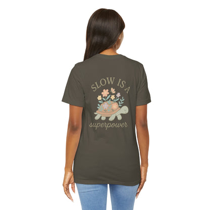 Slow is a Superpower Turtle T-Shirt – Whimsical Front & Back Floral Graphic Tee - Spirit Stitch