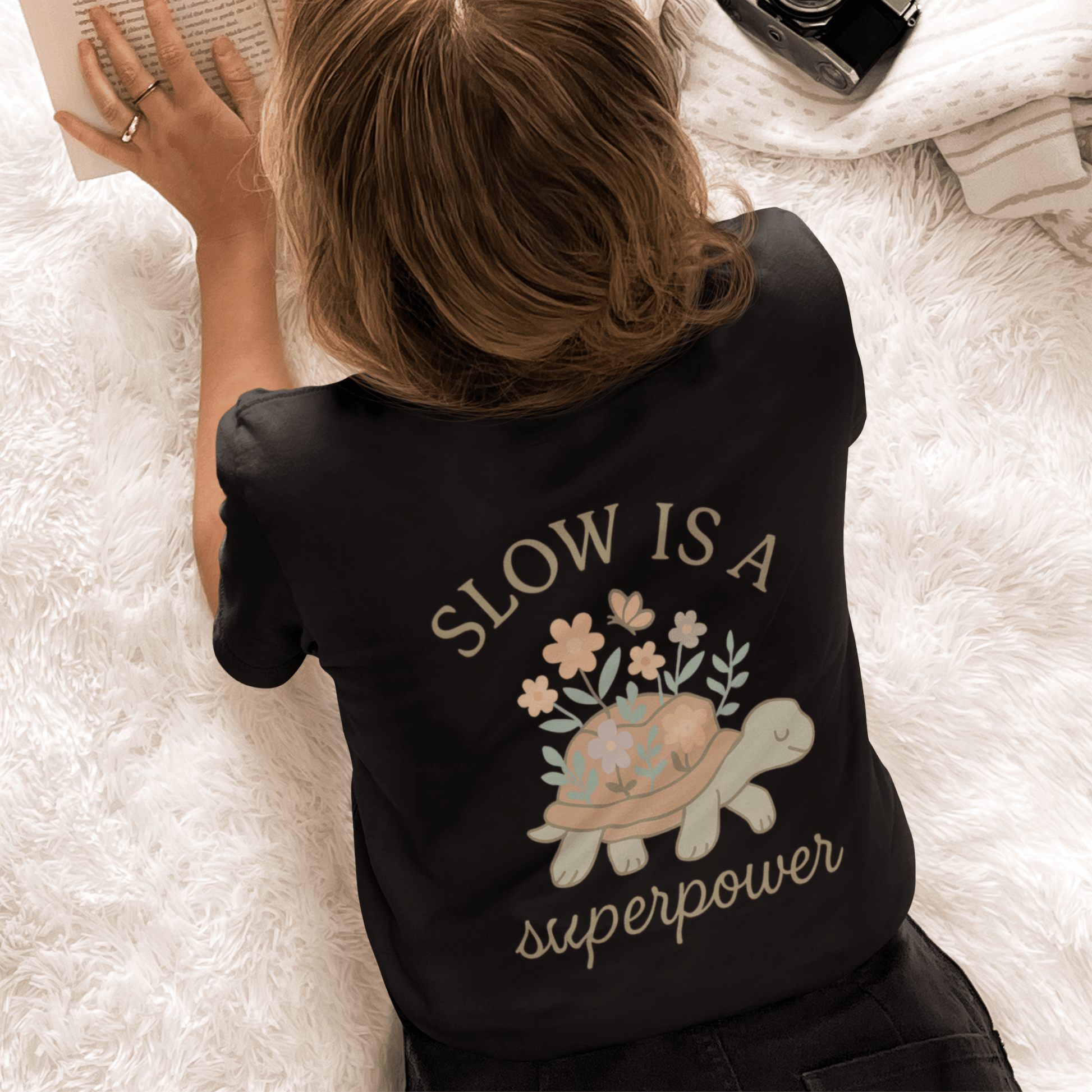 Slow is a Superpower Turtle T-Shirt – Whimsical Front & Back Floral Graphic Tee - Spirit Stitch