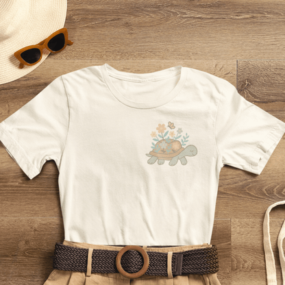 Slow is a Superpower Turtle T-Shirt – Whimsical Front & Back Floral Graphic Tee - Spirit Stitch