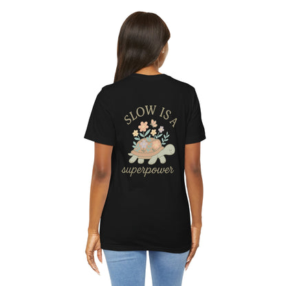 Slow is a Superpower Turtle T-Shirt – Whimsical Front & Back Floral Graphic Tee - Spirit Stitch
