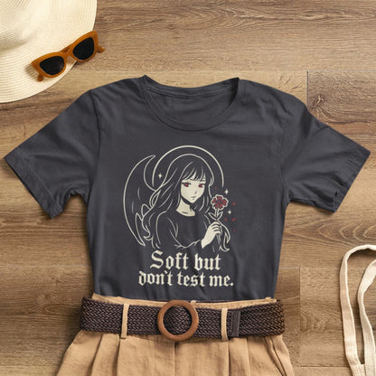 Soft But Don’t Test Me T-Shirt featuring a goth anime girl with a dark aesthetic, casual and stylish graphic tee.