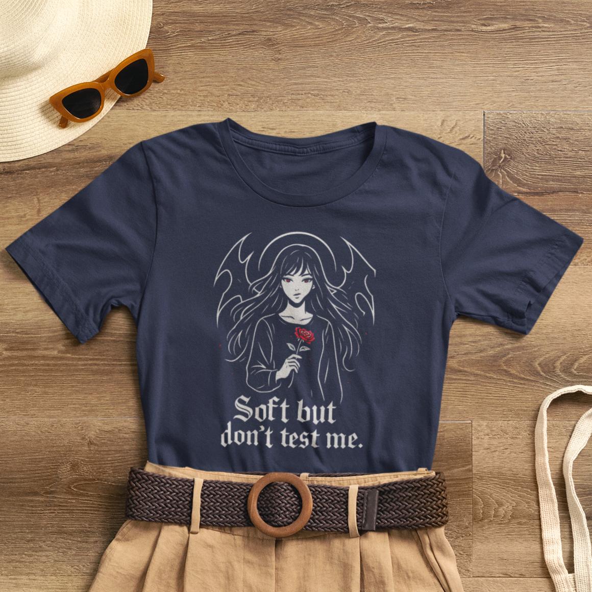 Soft But Don’t Test Me T-shirt featuring a goth anime girl with a dark witchy aesthetic, casual and stylish graphic tee.