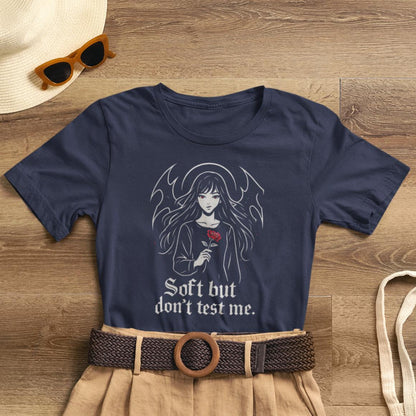 Soft But Don’t Test Me T-shirt featuring a goth anime girl with a dark witchy aesthetic, casual and stylish graphic tee.
