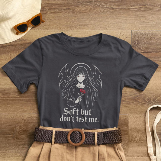 Soft Don’t Test Me T-Shirt featuring goth anime girl with dark witchy aesthetic, printed by Printify.