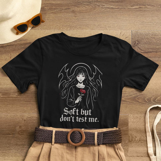 Soft But Don’t Test Me T-Shirt featuring goth anime girl and dark witchy aesthetic, casual unisex tee by Printify