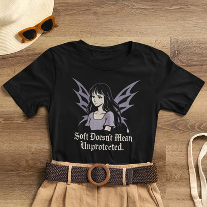 Soft Doesn’t Mean Unprotected – Goth Anime Dark Winged Guardian T-Shirt - Spirit Stitch