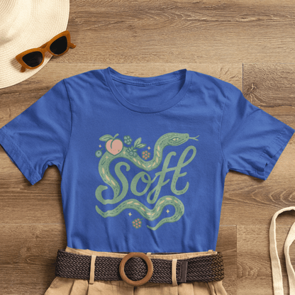 Unisex soft snake graphic tee featuring a botanical serpent design inspired by nature and whimsy.