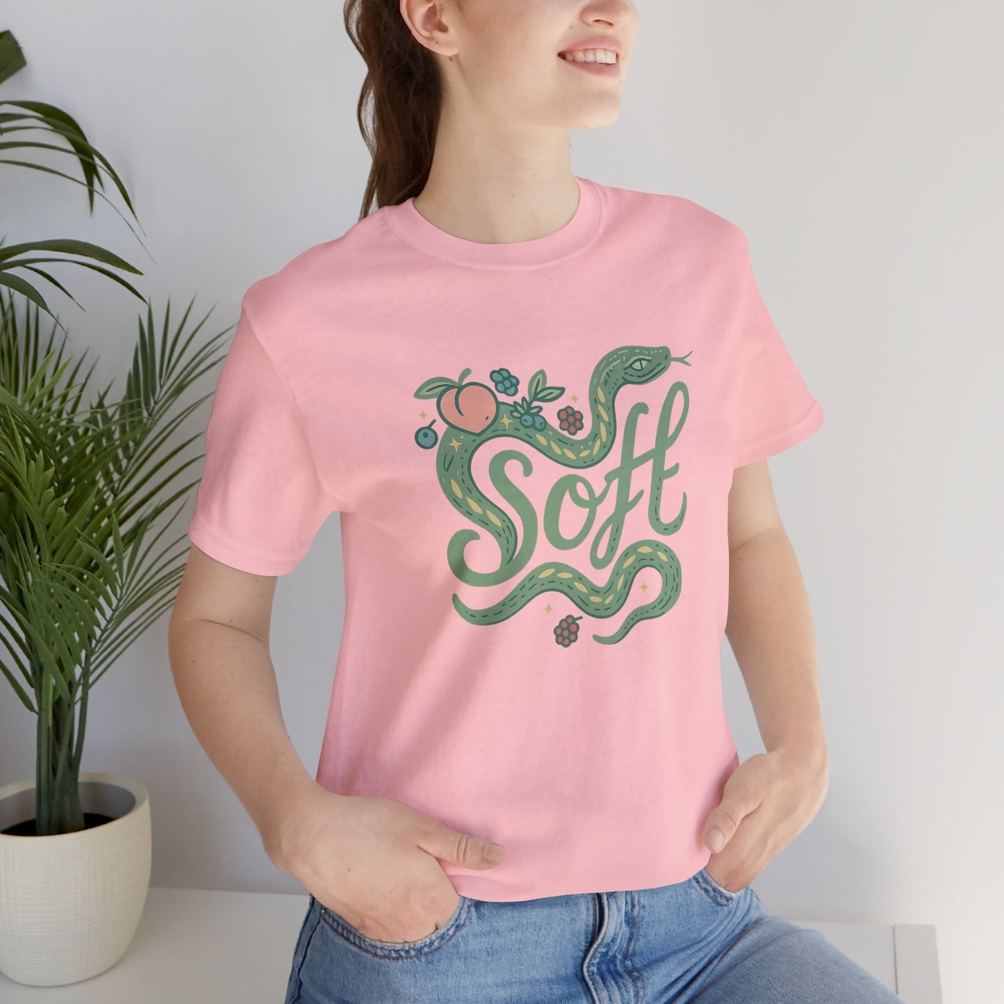 Soft Snake Graphic Tee featuring a botanical serpent design, perfect for a whimsical, nature-inspired look. Unisex fit.