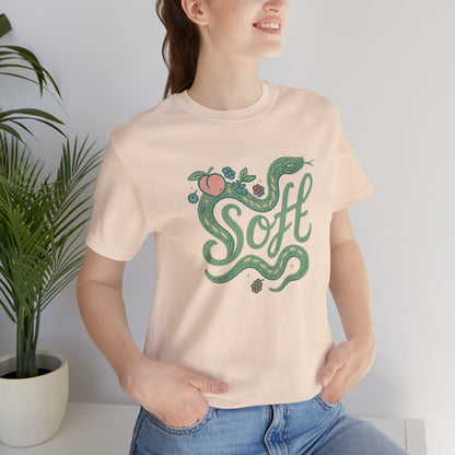 Unisex Soft Snake Graphic Tee featuring a whimsical botanical serpent design on a soft fabric background.
