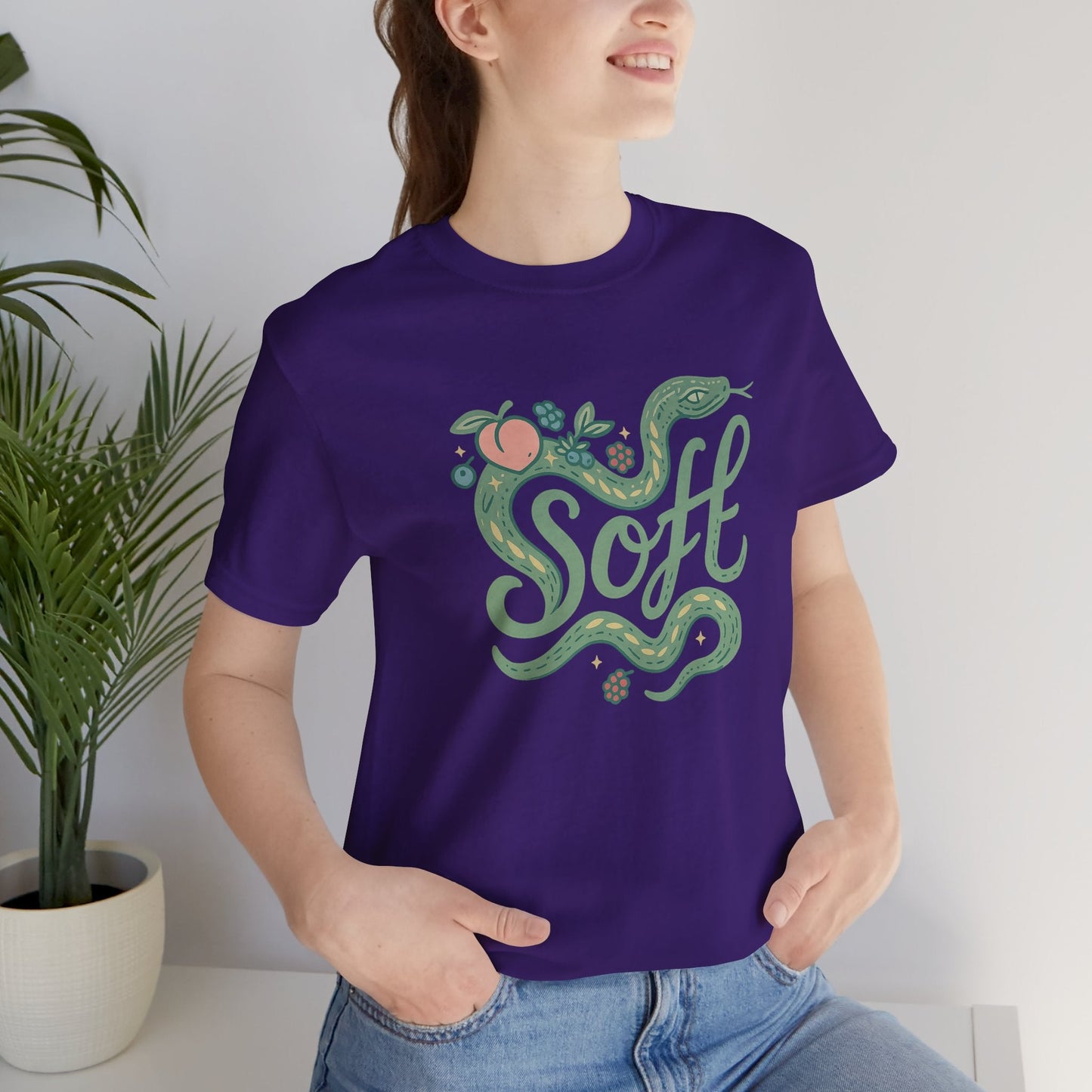 Unisex Soft Snake Graphic Tee featuring a botanical serpent design, inspired by nature in a whimsical style.