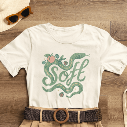 Unisex Soft Snake Graphic Tee featuring a botanical serpent design in a mystical nature-inspired style.