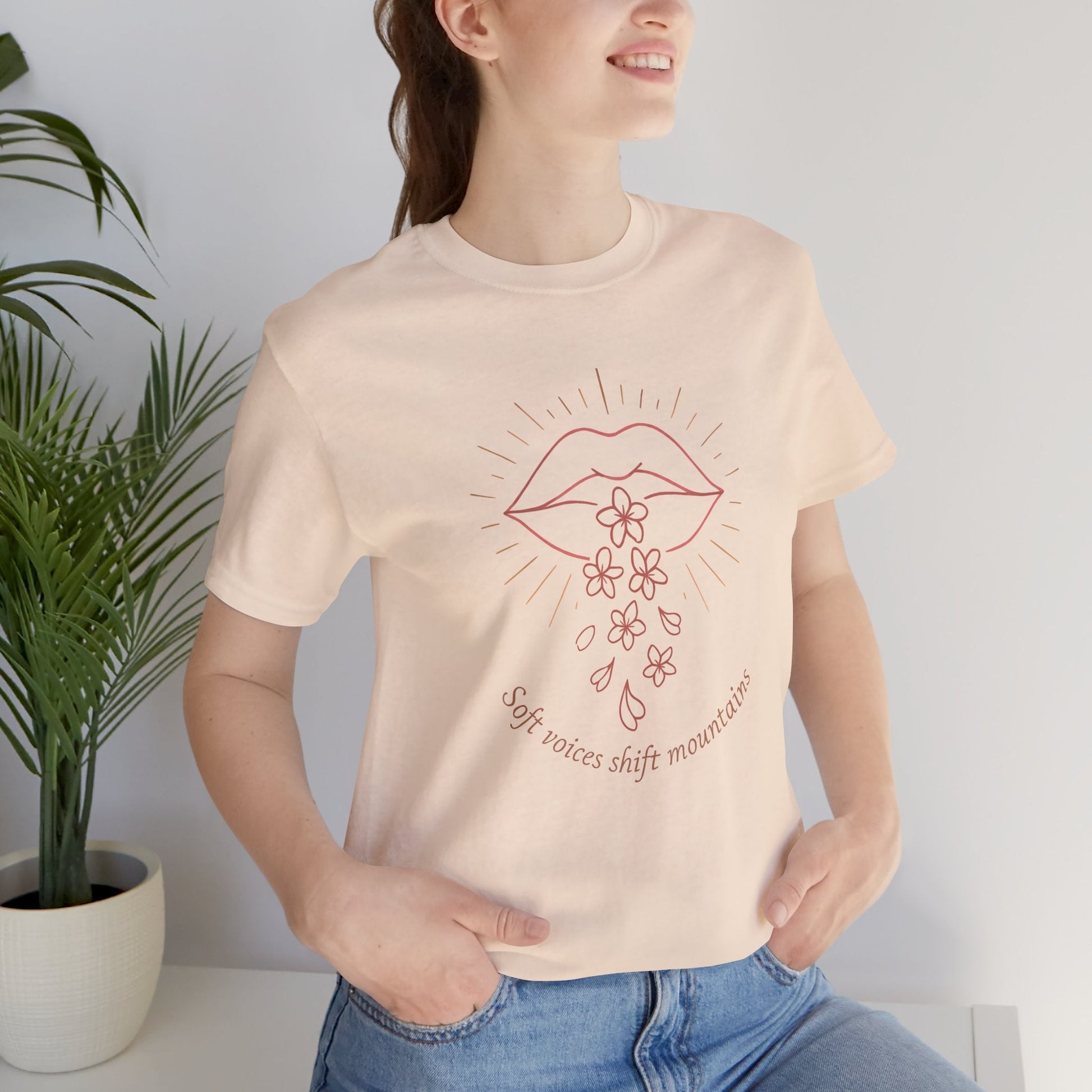 Soft Voices Shift Mountains – Minimalist Lips & Floral Empowerment T-Shirt - Spirit Stitch