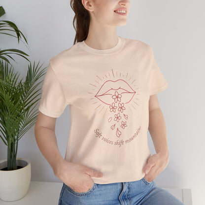Soft Voices Shift Mountains – Minimalist Lips & Floral Empowerment T-Shirt - Spirit Stitch