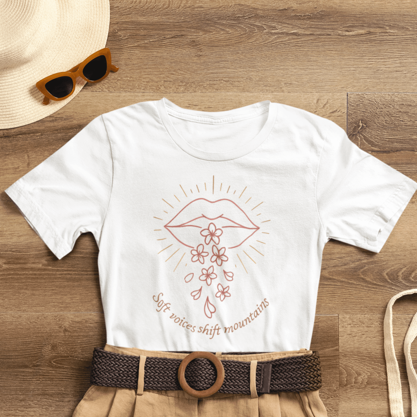 Soft Voices Shift Mountains – Minimalist Lips & Floral Empowerment T-Shirt - Spirit Stitch
